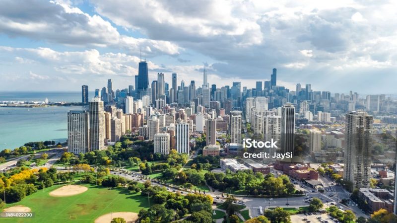 Chicago skyline aerial drone view from above, city of Chicago downtown skyscrapers cityscape bird's view from park, Illinois, USA